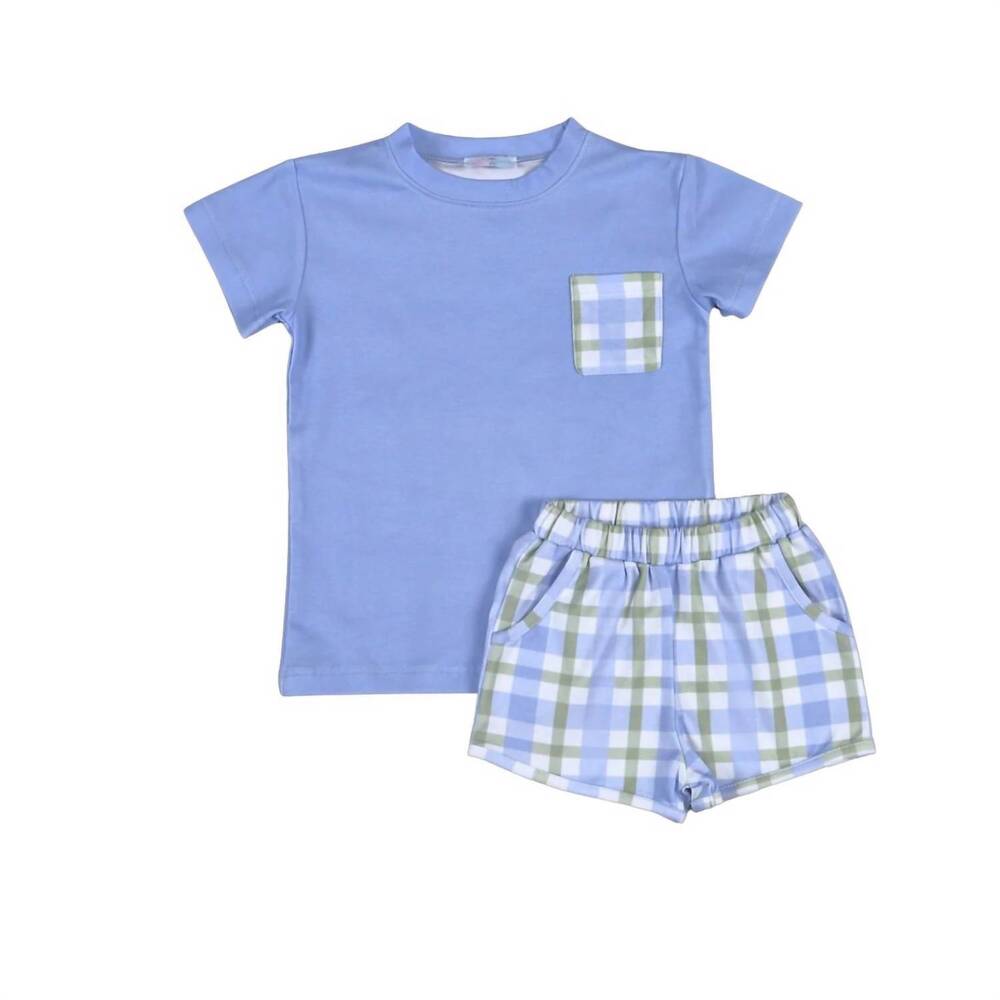 NEW BABY LOREN boy's jon short set in blue plaid